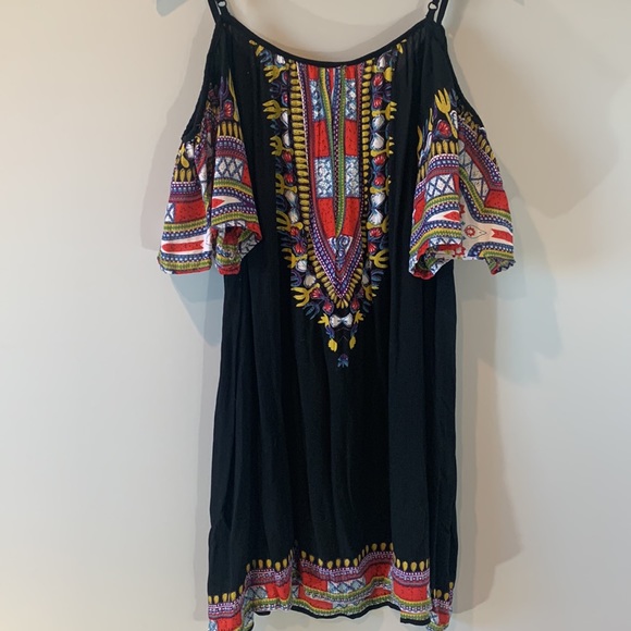 Angie Cold Shoulder Front Tie Sheer Black Colorful Boho Tunic Dress Size Medium - Picture 7 of 8